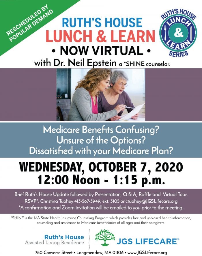 Ruth's House Virtual Lunch and Learn flyer for October 7, 2020, featuring Dr. Neil Epstein a SHINE Counselor discussing Medicare