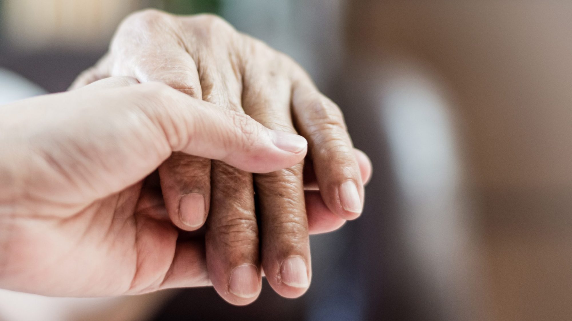 Young white female hand holding an older man of color's hand.