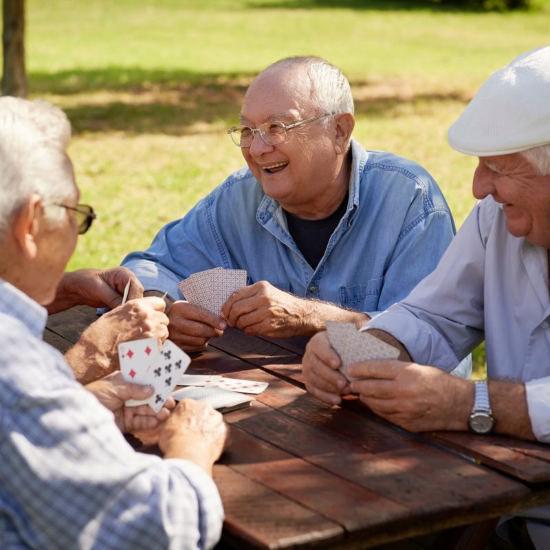 Older men playing cards at a picnic table