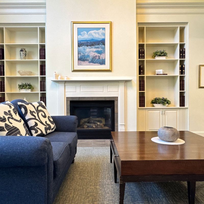 A living room with fireplace and shelves of books.